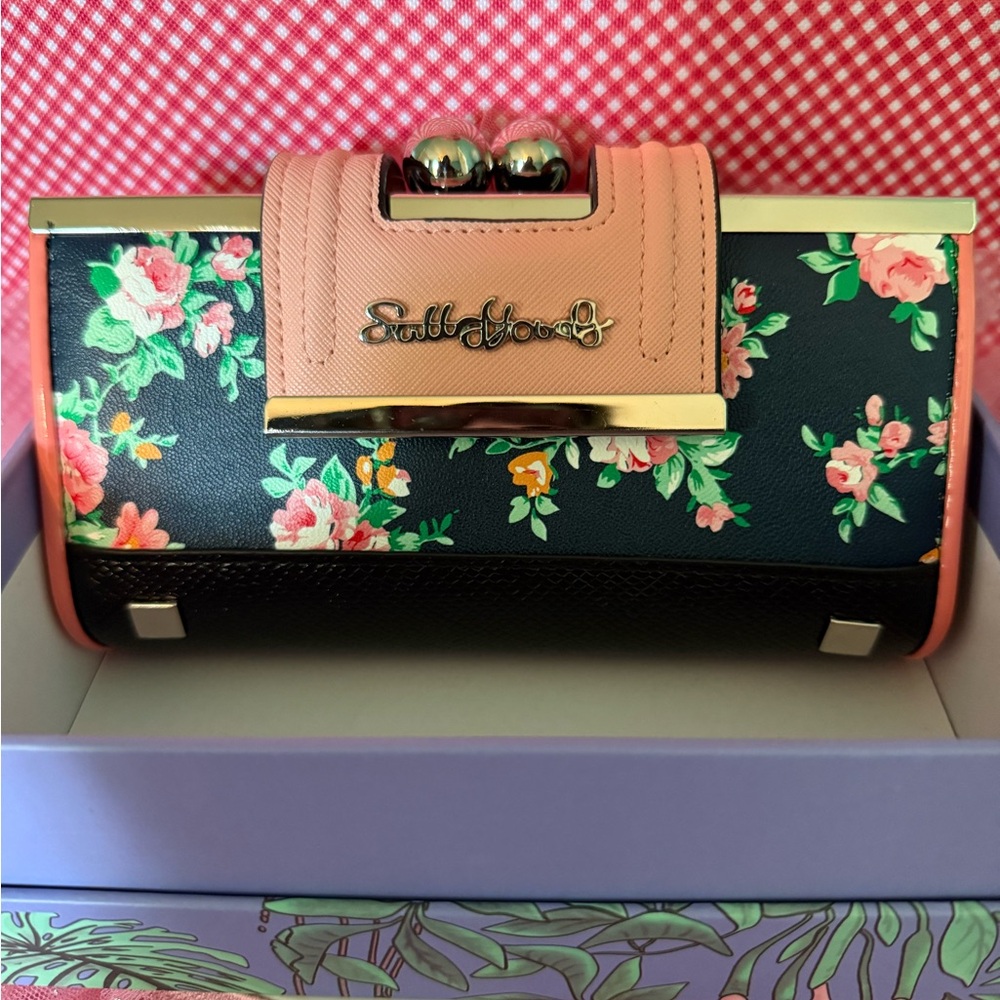 Sally Young Wallet Blue, Pink and Black. Floral design NWT Absolutely Adorable